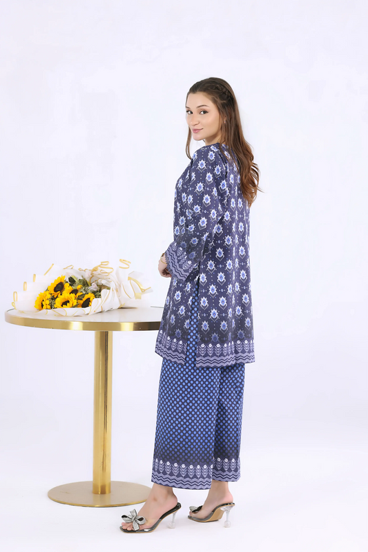 Rear view of a breathable cotton lawn co-ord set showing the straight silhouette and printed trousers.