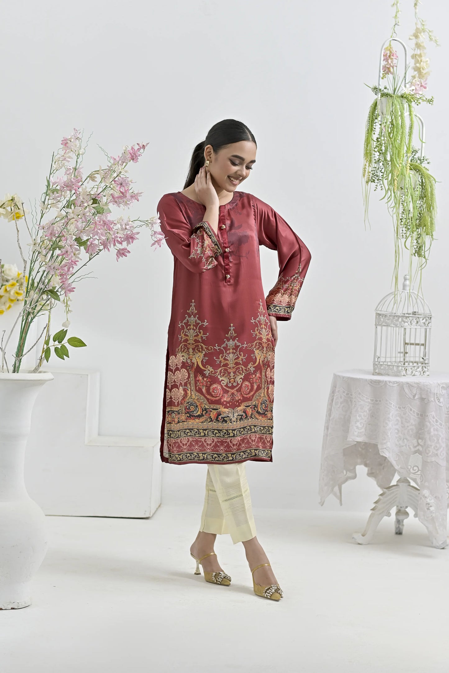 Maroon Majesty | Ready-to-Wear Digital Printed Charmuse Silk