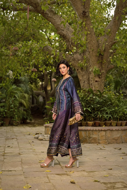 Midnight Bloom | Printed Silk Long Shirt