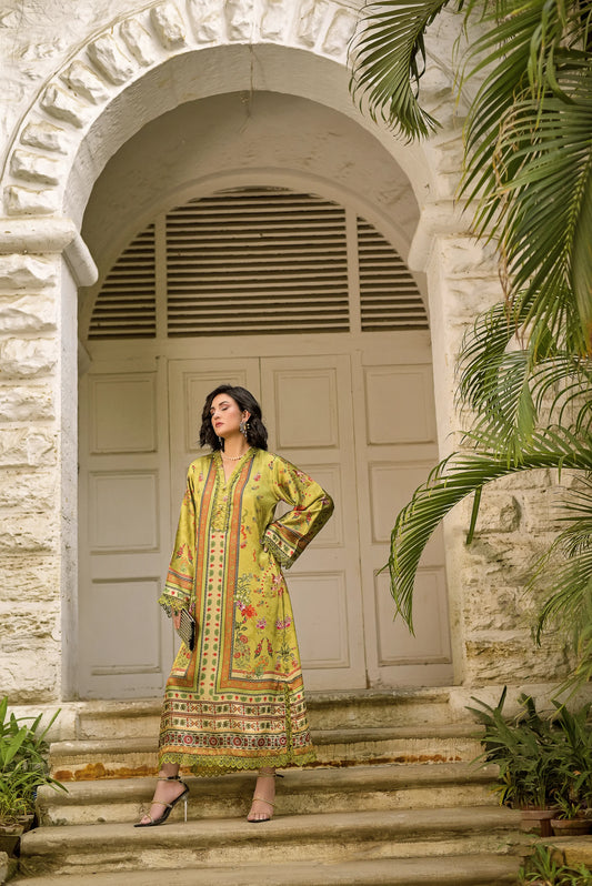 Golden Gleam | Printed Silk Long Shirt