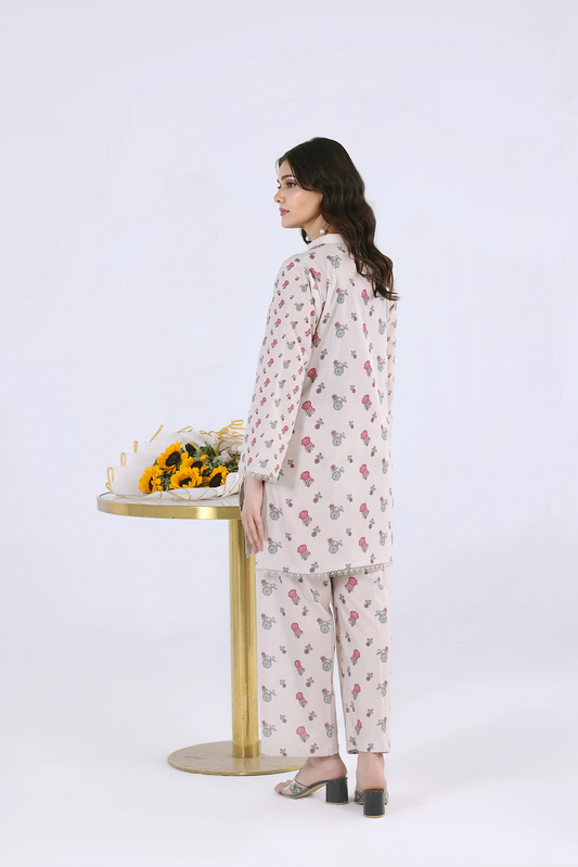 Back view of women's printed co-ord set featuring straight-leg trousers in breathable cotton lawn fabric.