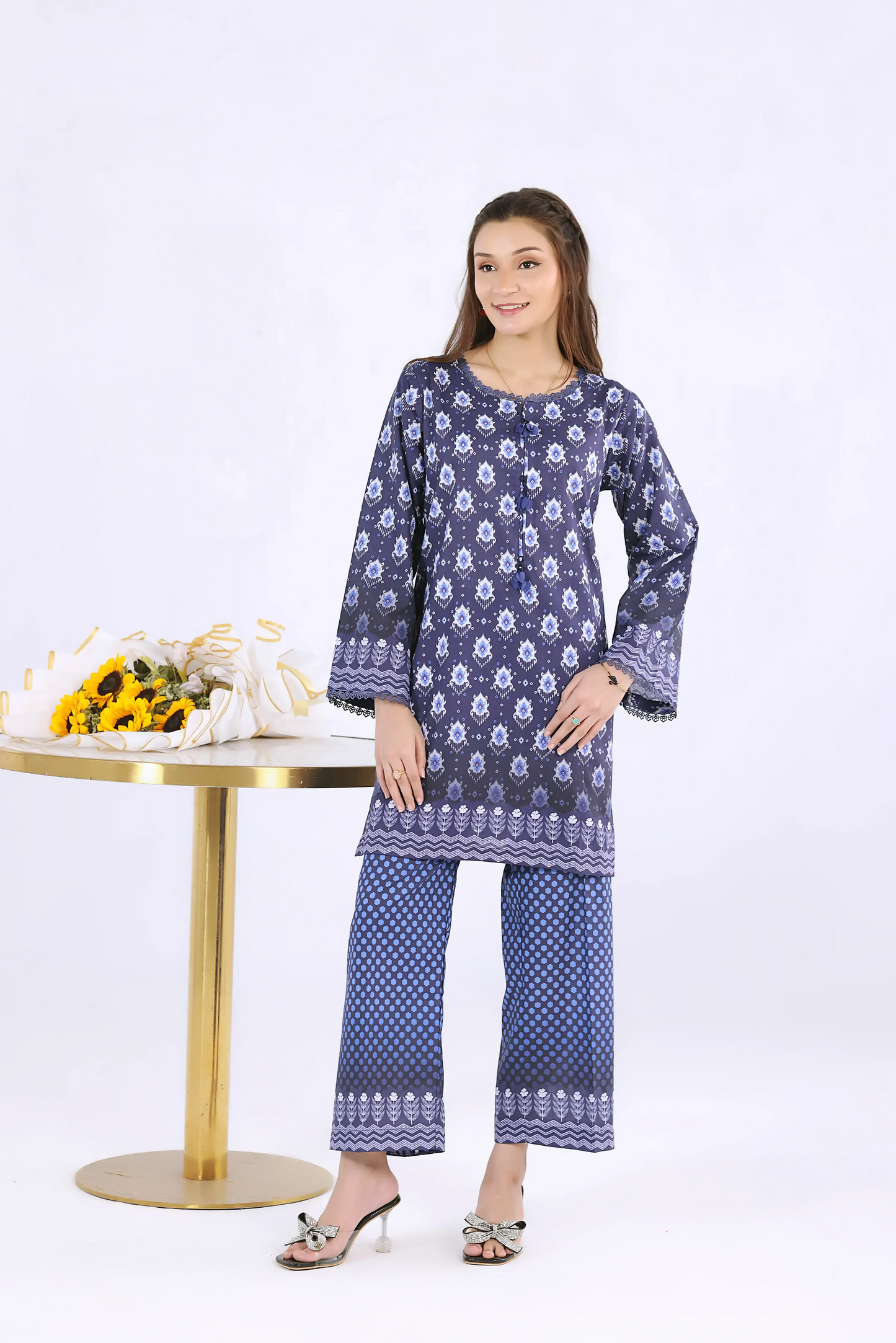 Women's 2-piece midnight blue digital print co-ord set with ikat and floral patterns.