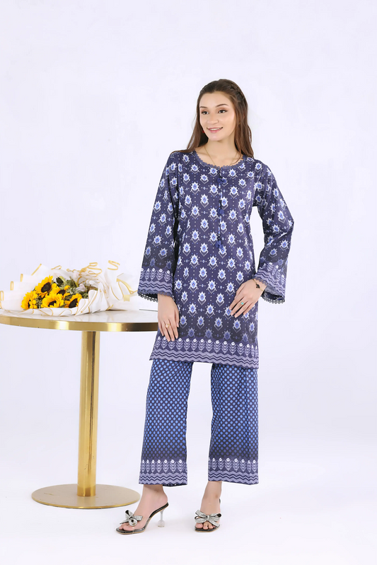 Women's 2-piece midnight blue digital print co-ord set with ikat and floral patterns.