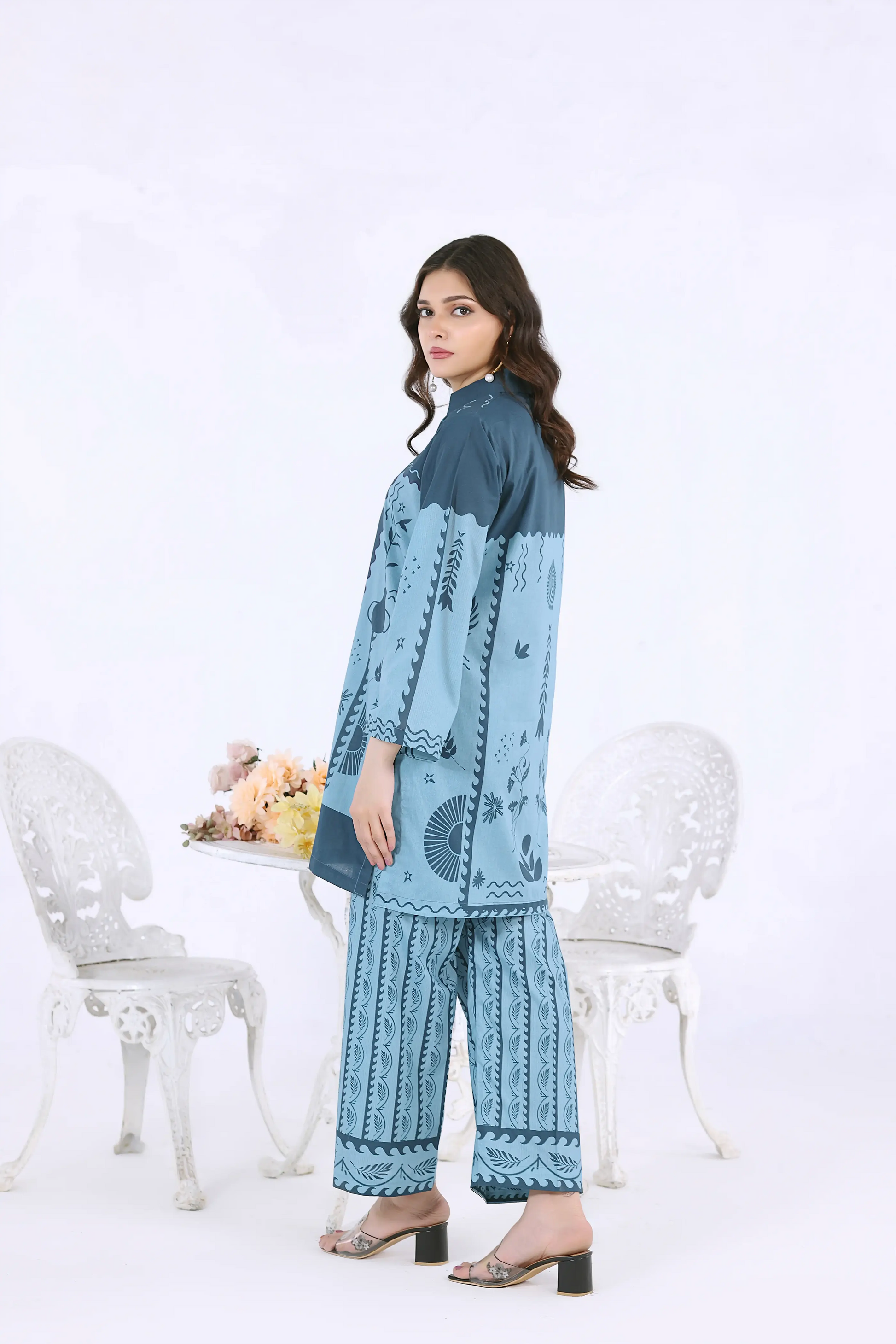 Rear view of a breathable cotton lawn co-ord set showing the straight silhouette and printed trousers.