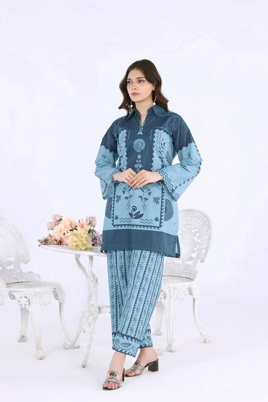 Women’s 2-piece midnight blue digital print co-ord set with ikat patterns and tassel neck details.
