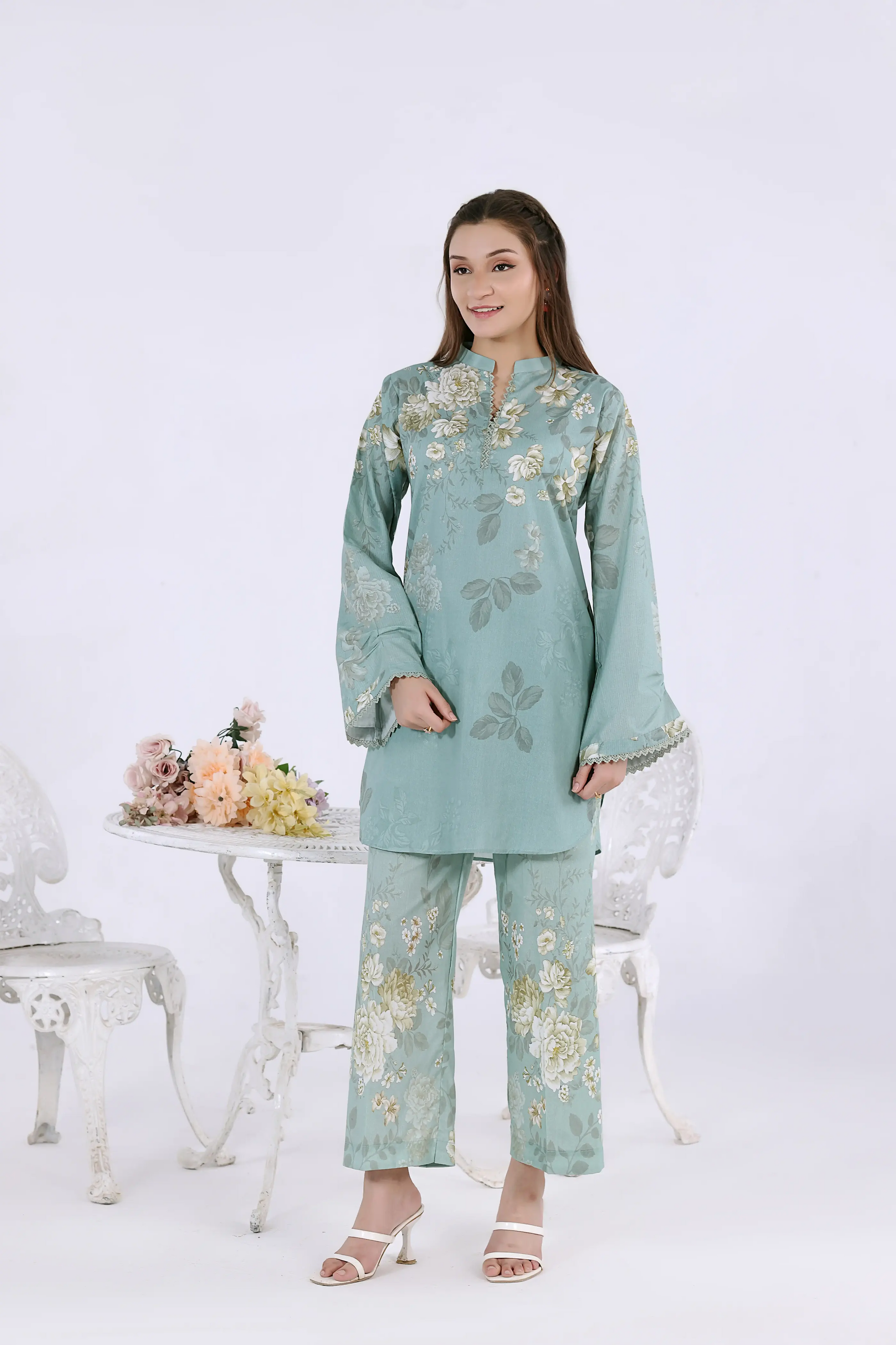 Women’s 2-piece off-white digital print co-ord set featuring red rose vines and lace-accented sleeves.