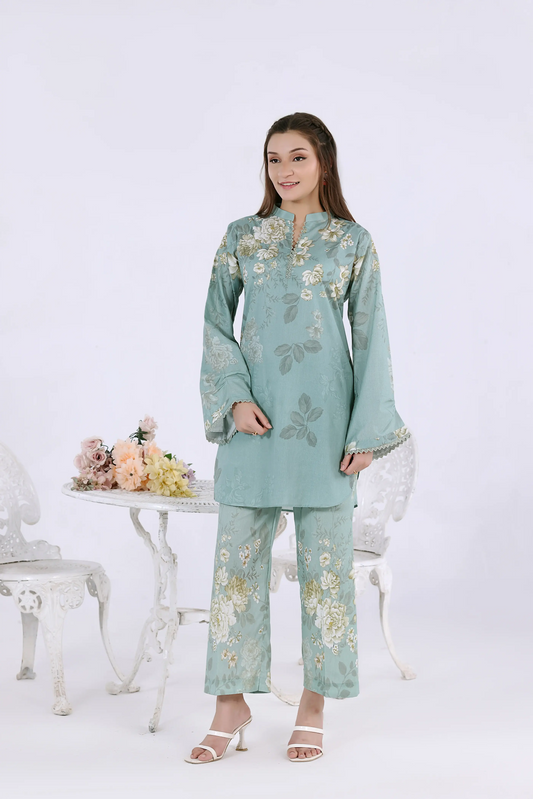 Women’s 2-piece off-white digital print co-ord set featuring red rose vines and lace-accented sleeves.