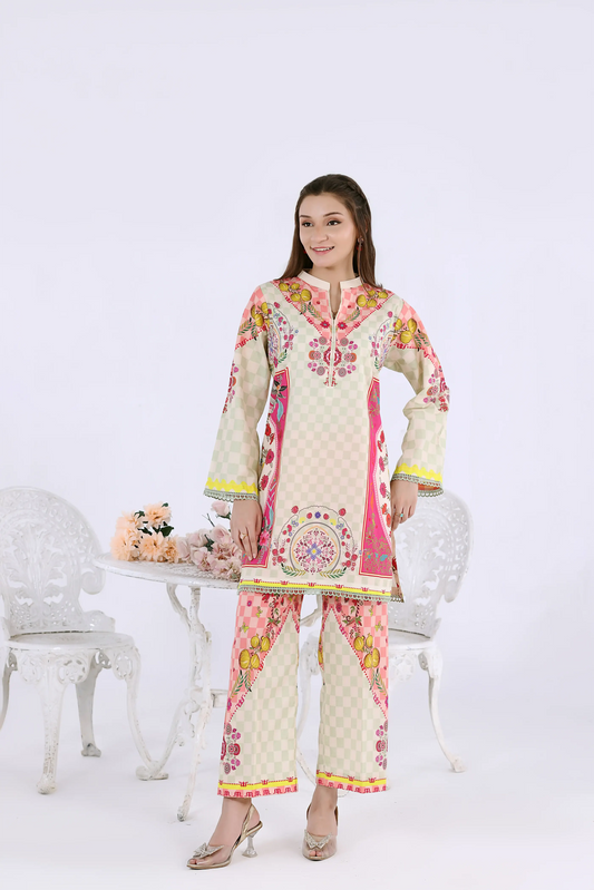 Women’s 2-piece pink and cream digital print co-ord set with checkered patterns and floral mandalas.