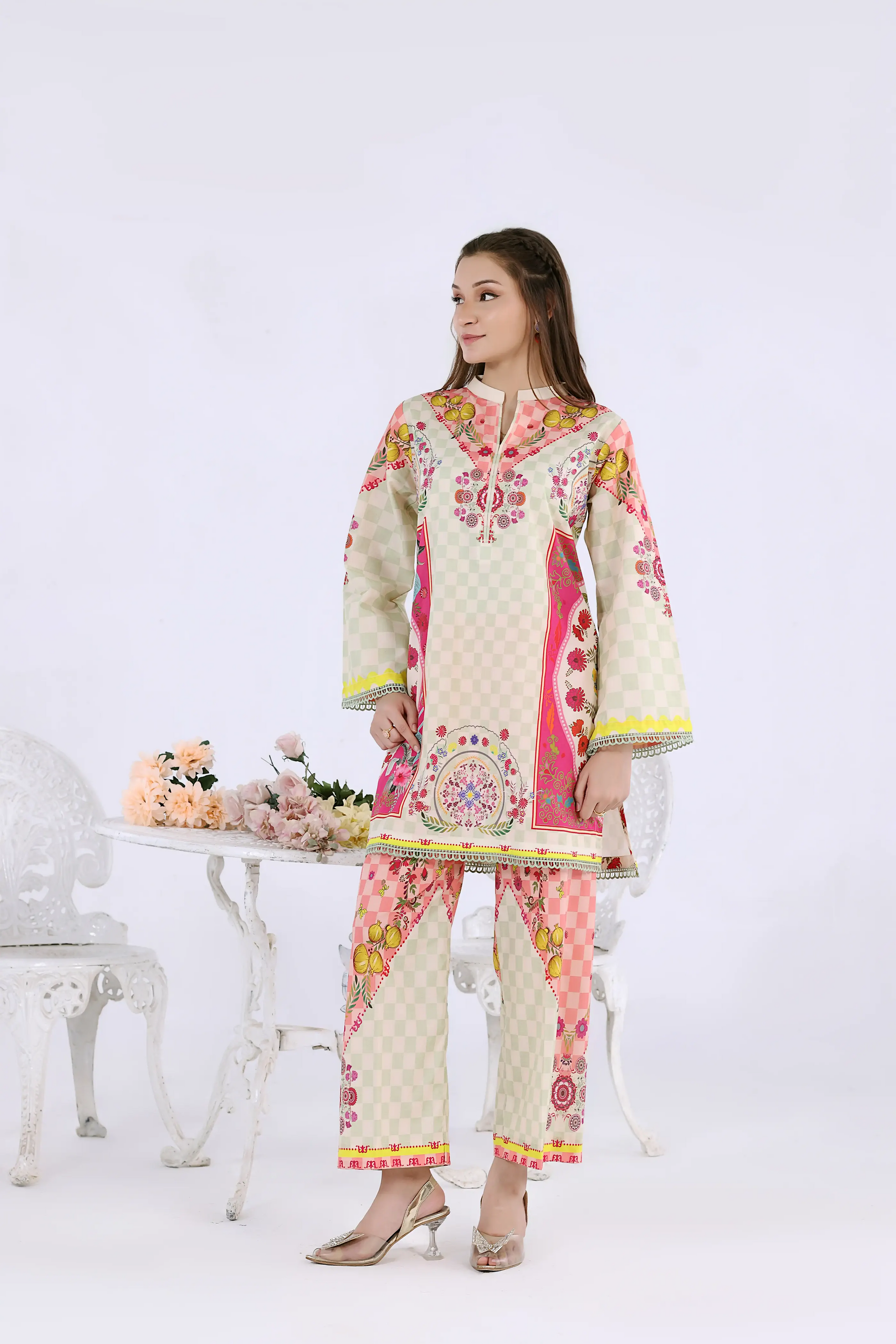 Standing view of a premium checkered lawn co-ord set with lace-trimmed sleeves, perfect for stylish daily wear.