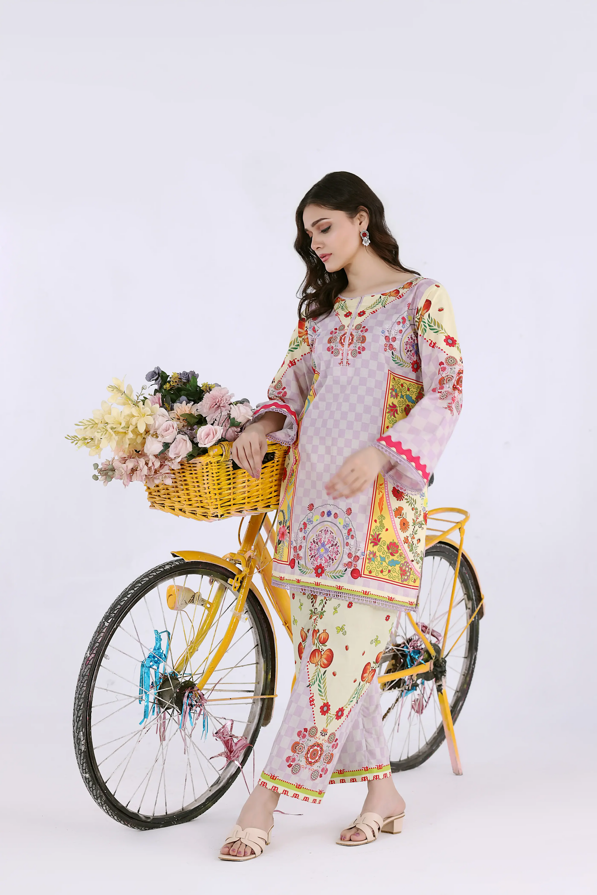 Women’s 2-piece lavender and citron digital print co-ord set with checkered patterns and floral mandalas.