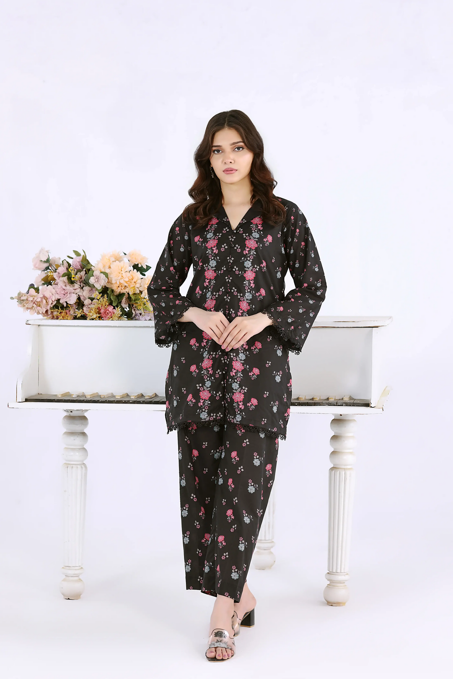 Women’s 2-piece black digital print co-ord set featuring high-resolution slate patterns and a shirt collar.