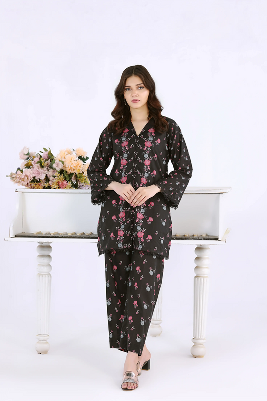 Women’s 2-piece black digital print co-ord set featuring high-resolution slate patterns and a shirt collar.