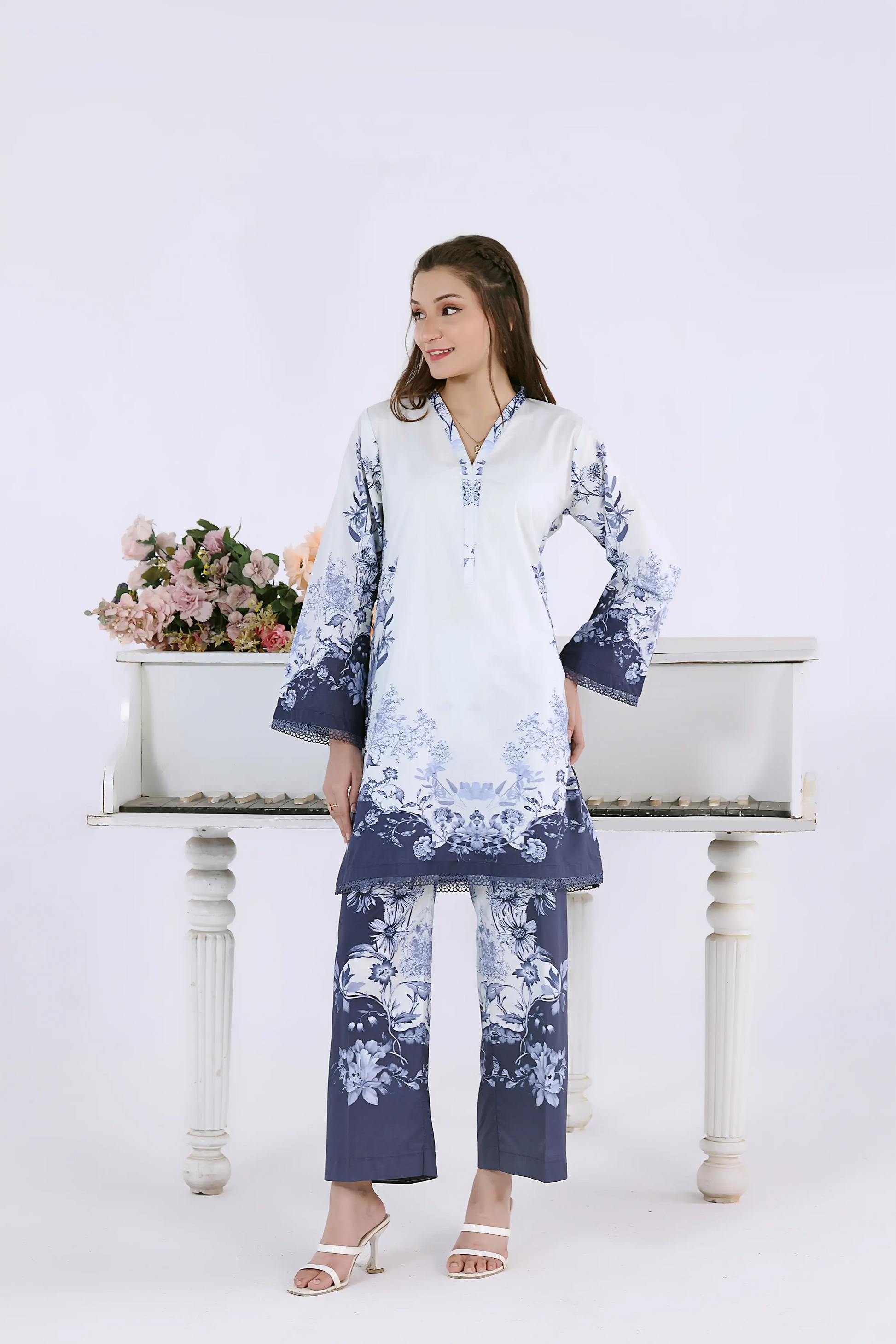 Standing view of a premium blue-toned lawn co-ord set, perfect for a fresh and elegant daily look.