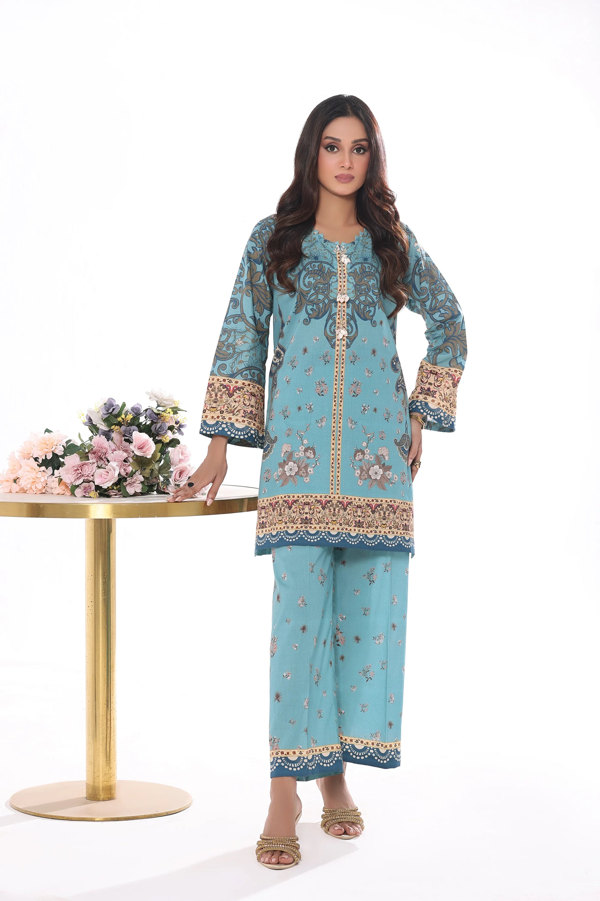 Women’s 2-piece ivory digital print co-ord set featuring crimson floral vines and a lace-accented neckline.