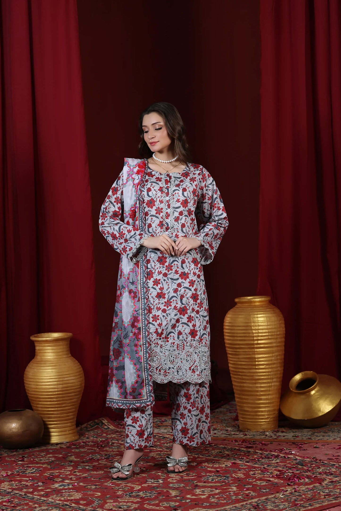 Crimson Ash | 3Pc Ready to Wear Heavy Chikankari Lawn