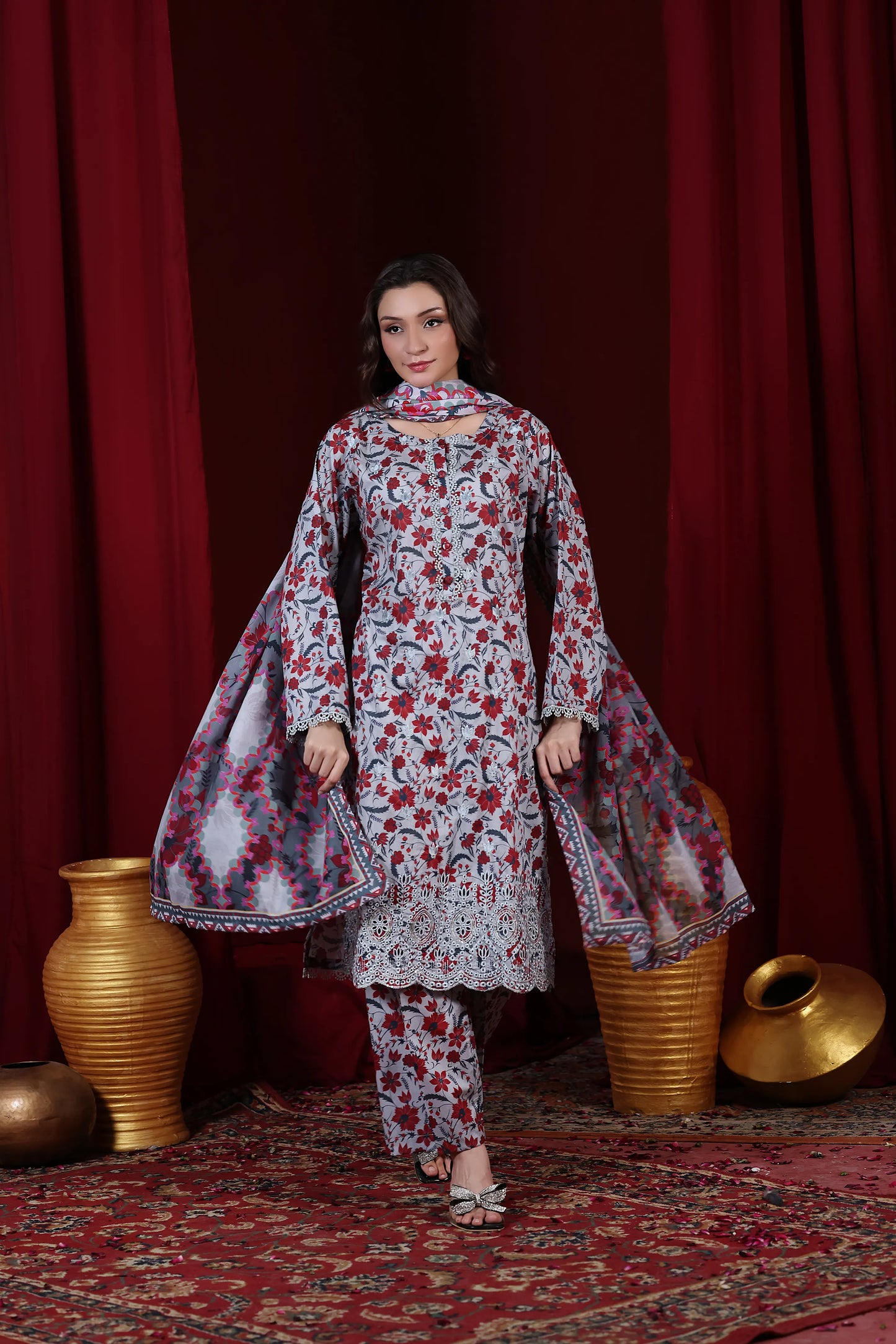 Crimson Ash | 3Pc Ready to Wear Heavy Chikankari Lawn