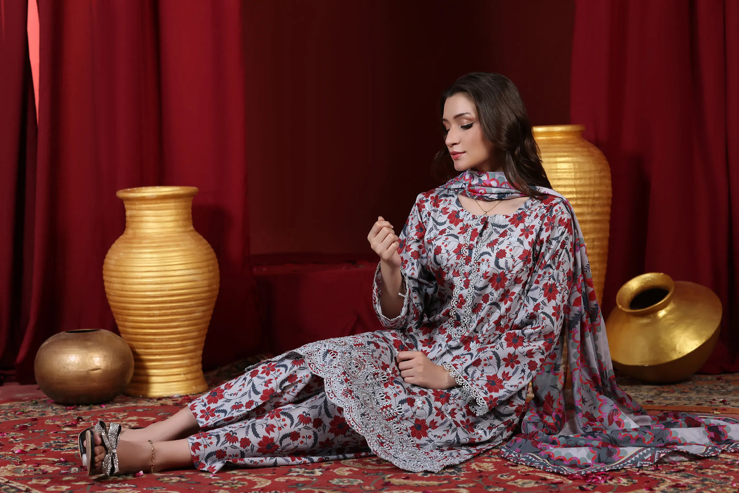 Crimson Ash | 3Pc Ready to Wear Heavy Chikankari Lawn