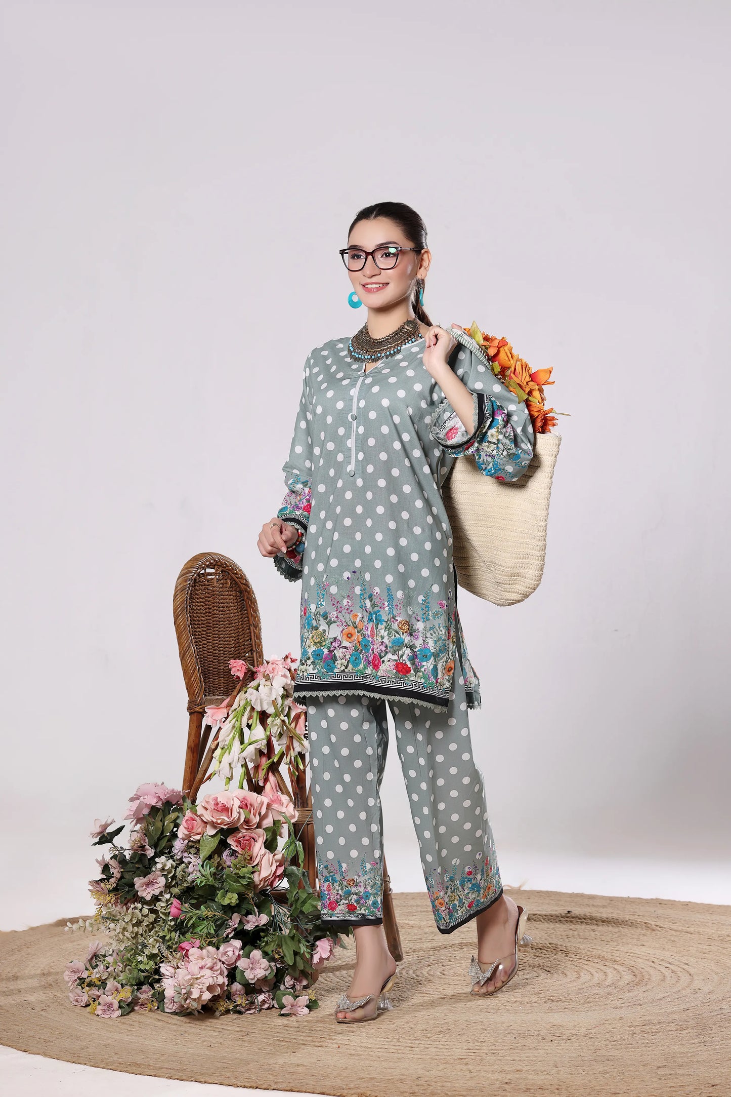 Polka Bloom | 2Pc Digital Print Luxury Co-ord Set