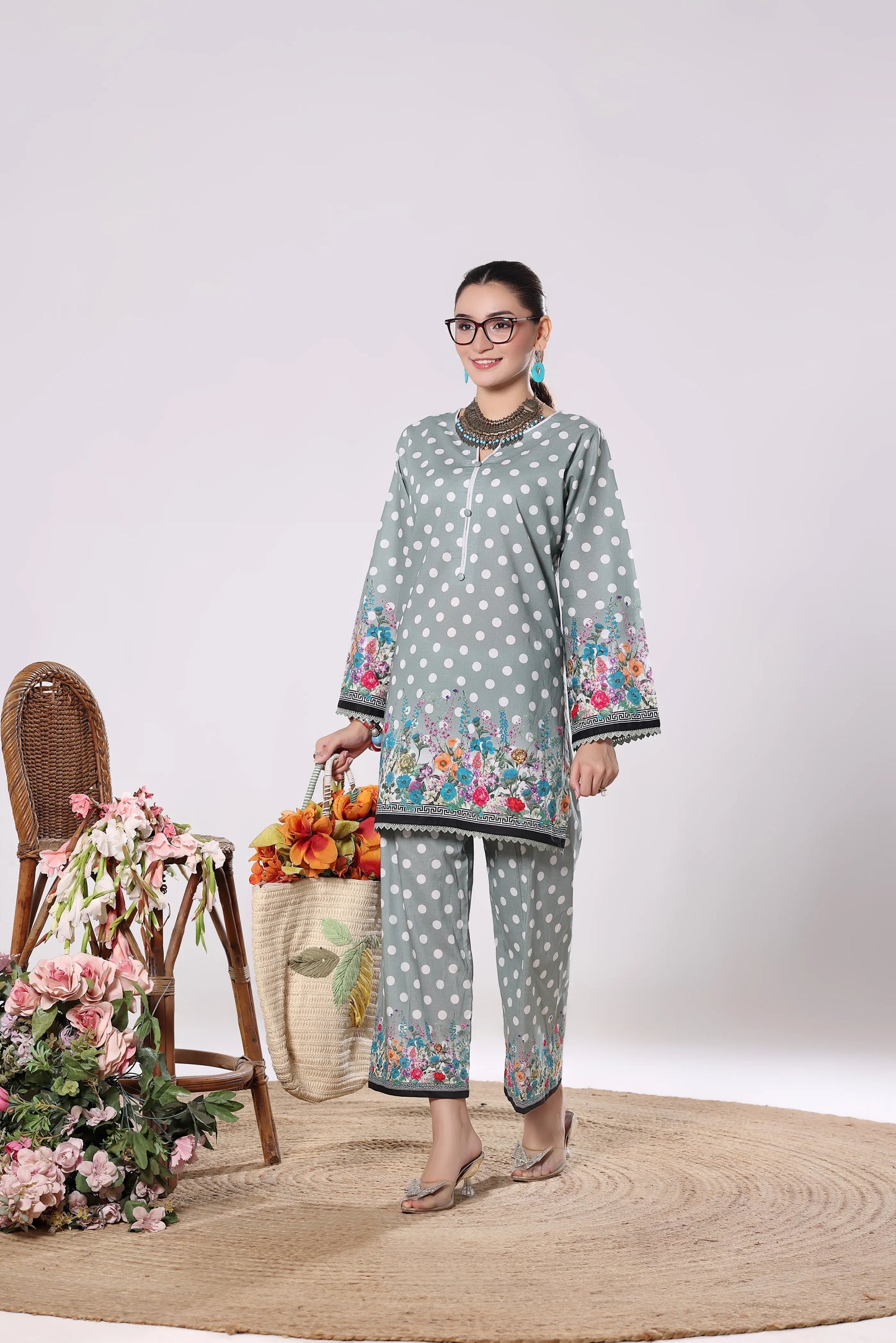 Polka Bloom | 2Pc Digital Print Luxury Co-ord Set