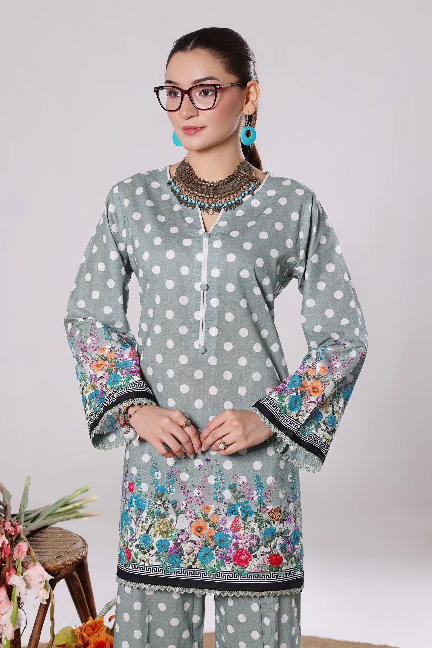 Polka Bloom | 2Pc Digital Print Luxury Co-ord Set