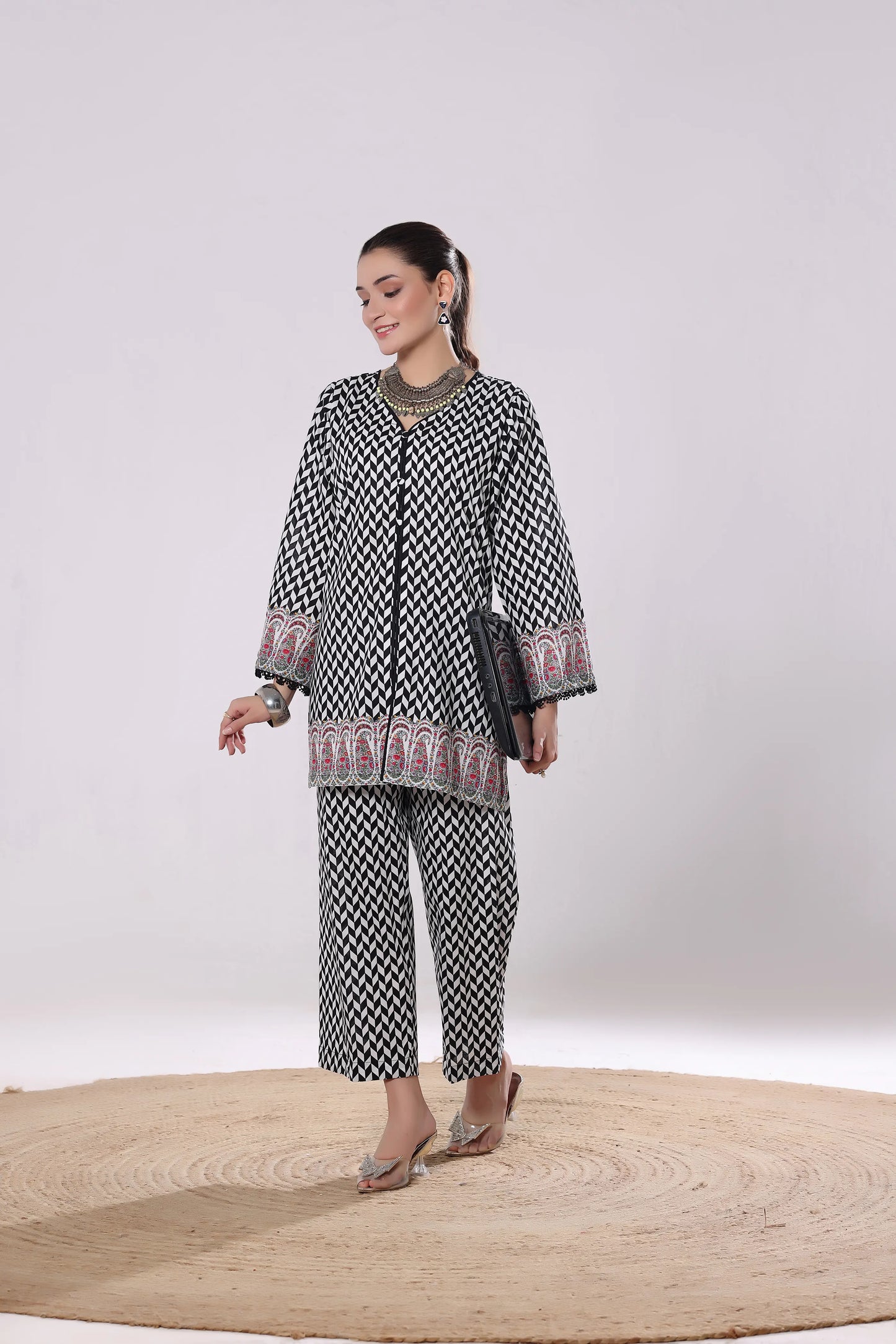 Monochrome Maze | 2Pc Digital Print Luxury Co-ord Set