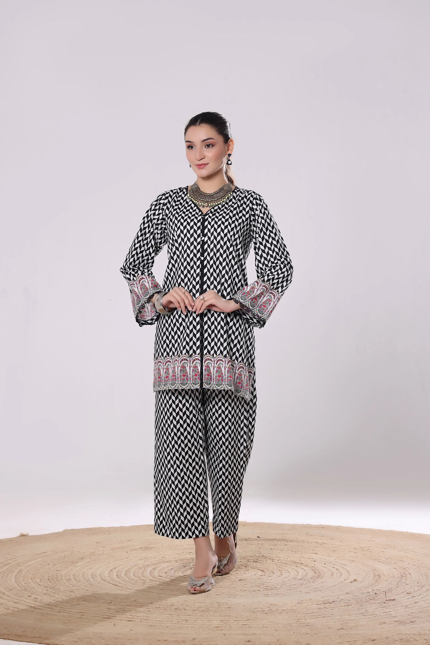 Monochrome Maze | 2Pc Digital Print Luxury Co-ord Set