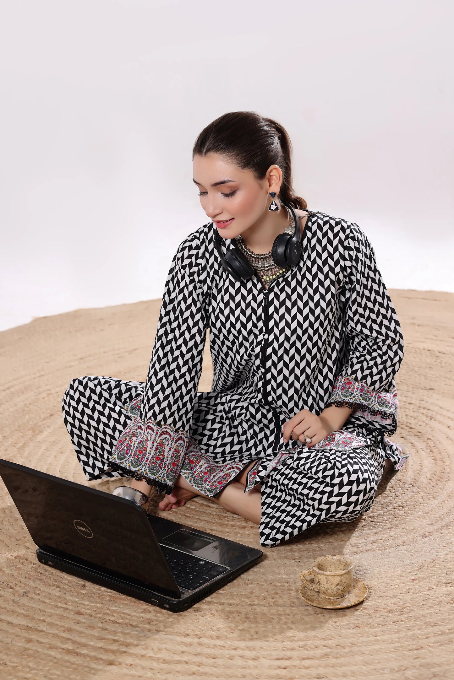Monochrome Maze | 2Pc Digital Print Luxury Co-ord Set