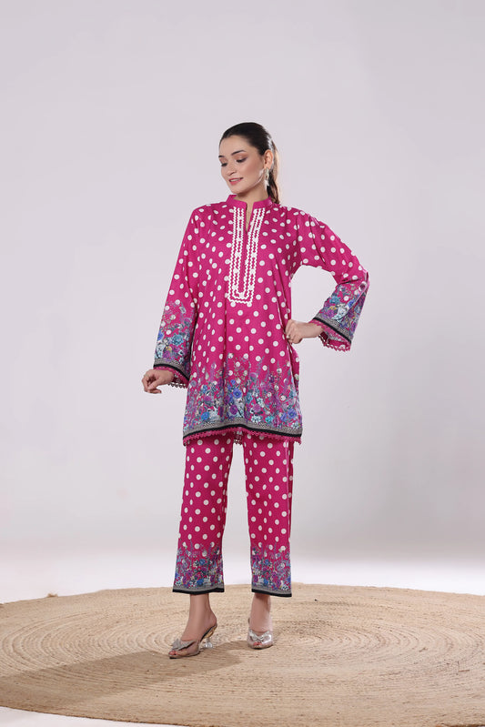 Magenta Polka | 2Pc Luxury Digital Printed Co-ord Set