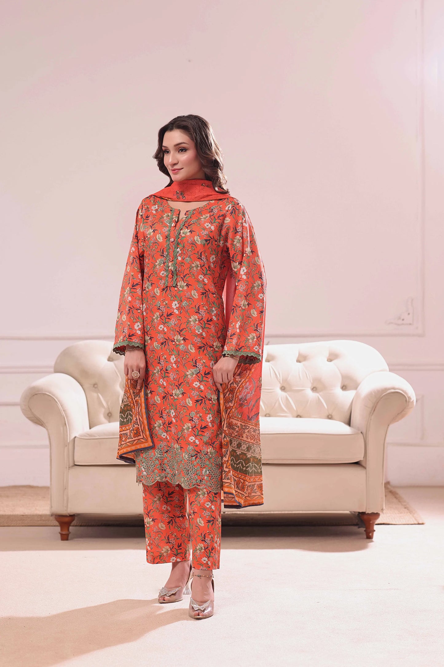 Vermilion Vine | 3Pc Ready to Wear Heavy Chikankari Lawn