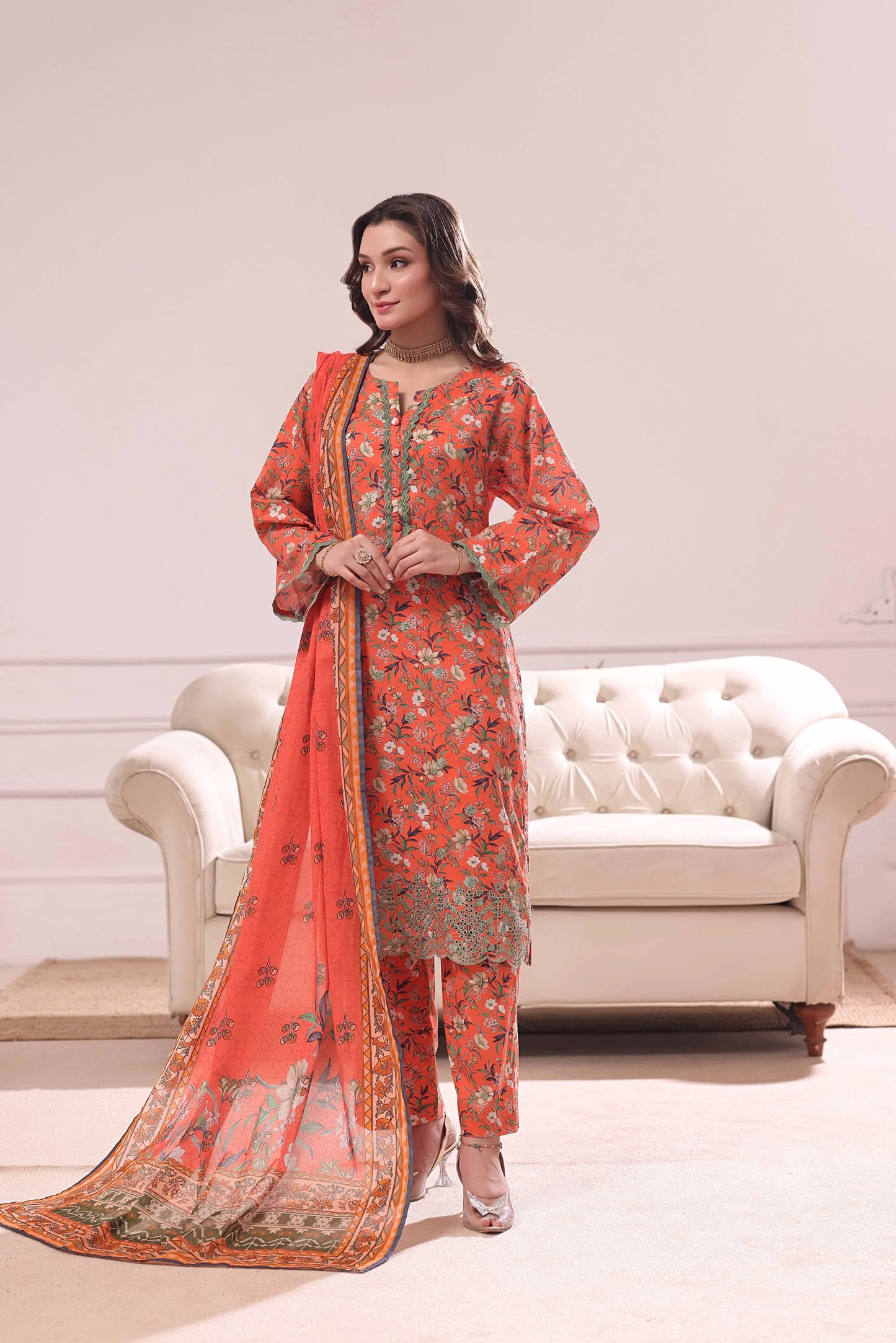Vermilion Vine | 3Pc Ready to Wear Heavy Chikankari Lawn