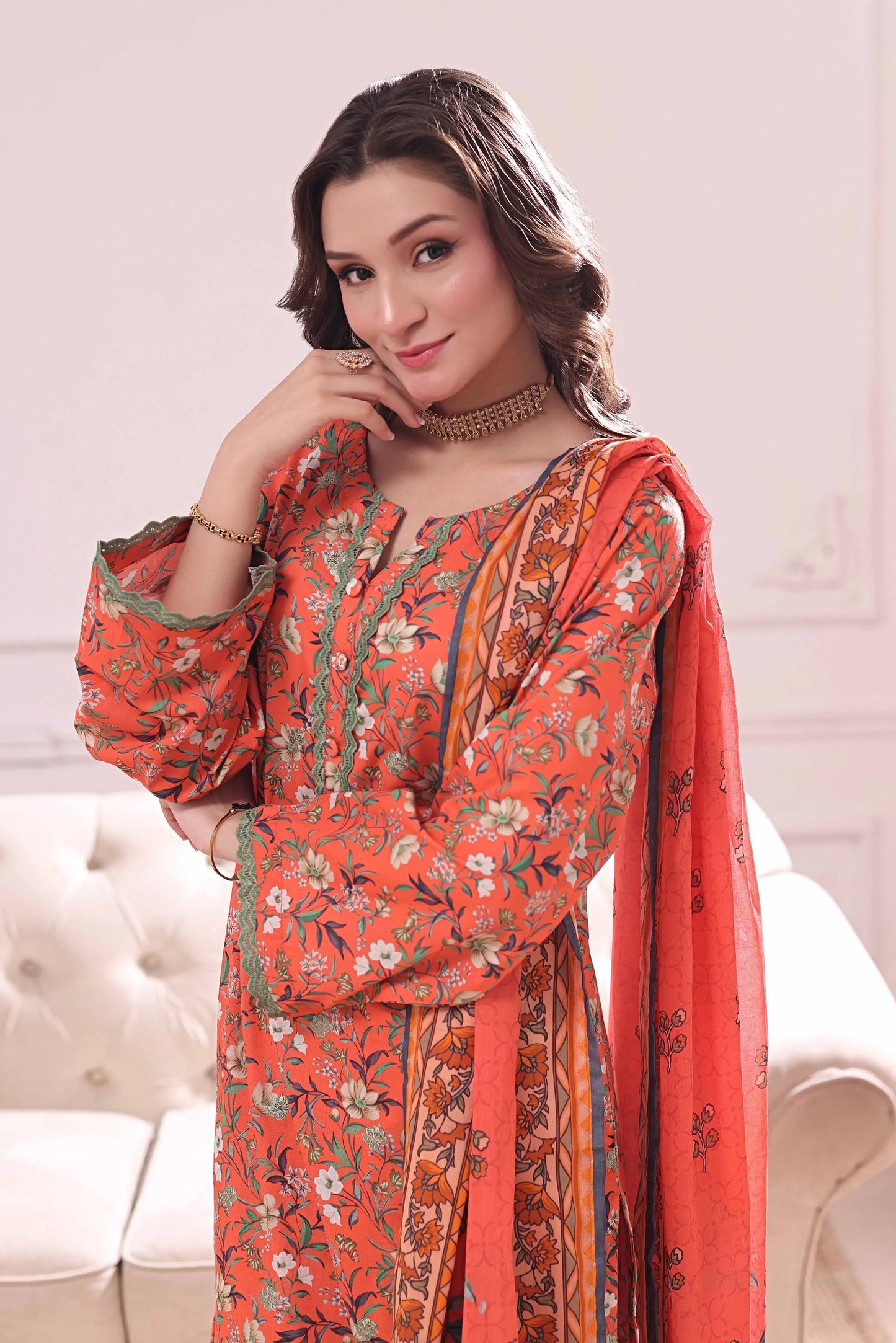 Vermilion Vine | 3Pc Ready to Wear Heavy Chikankari Lawn