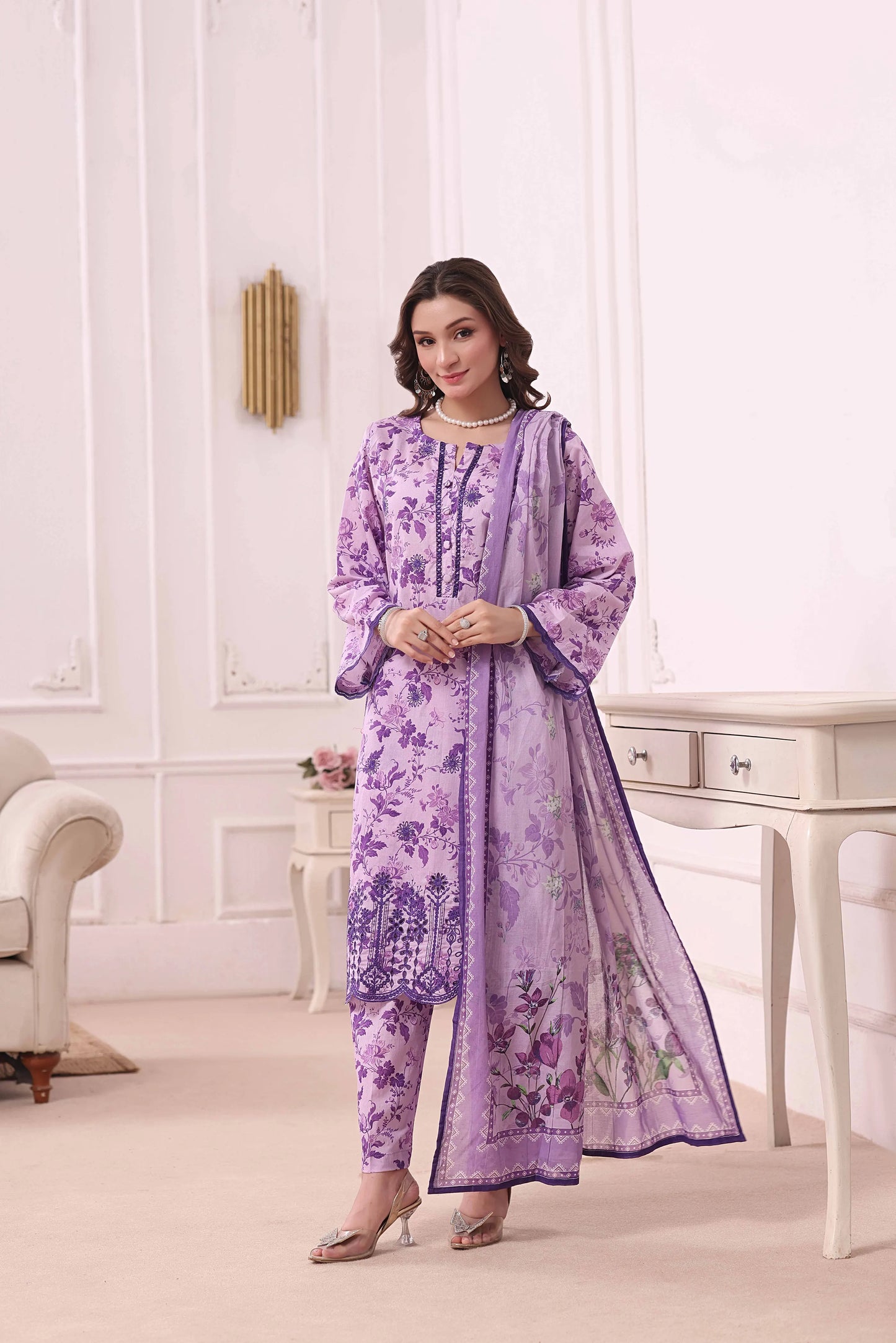 Lavender Lattice | 3Pc Ready to Wear Heavy Chikankari Lawn