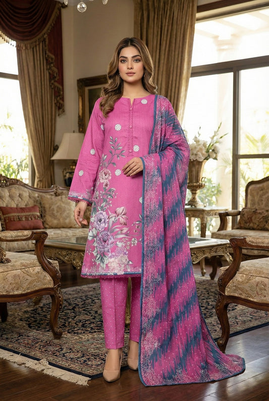 Fuchsia Ikat | 3Pc Luxury Digital Printed Lawn