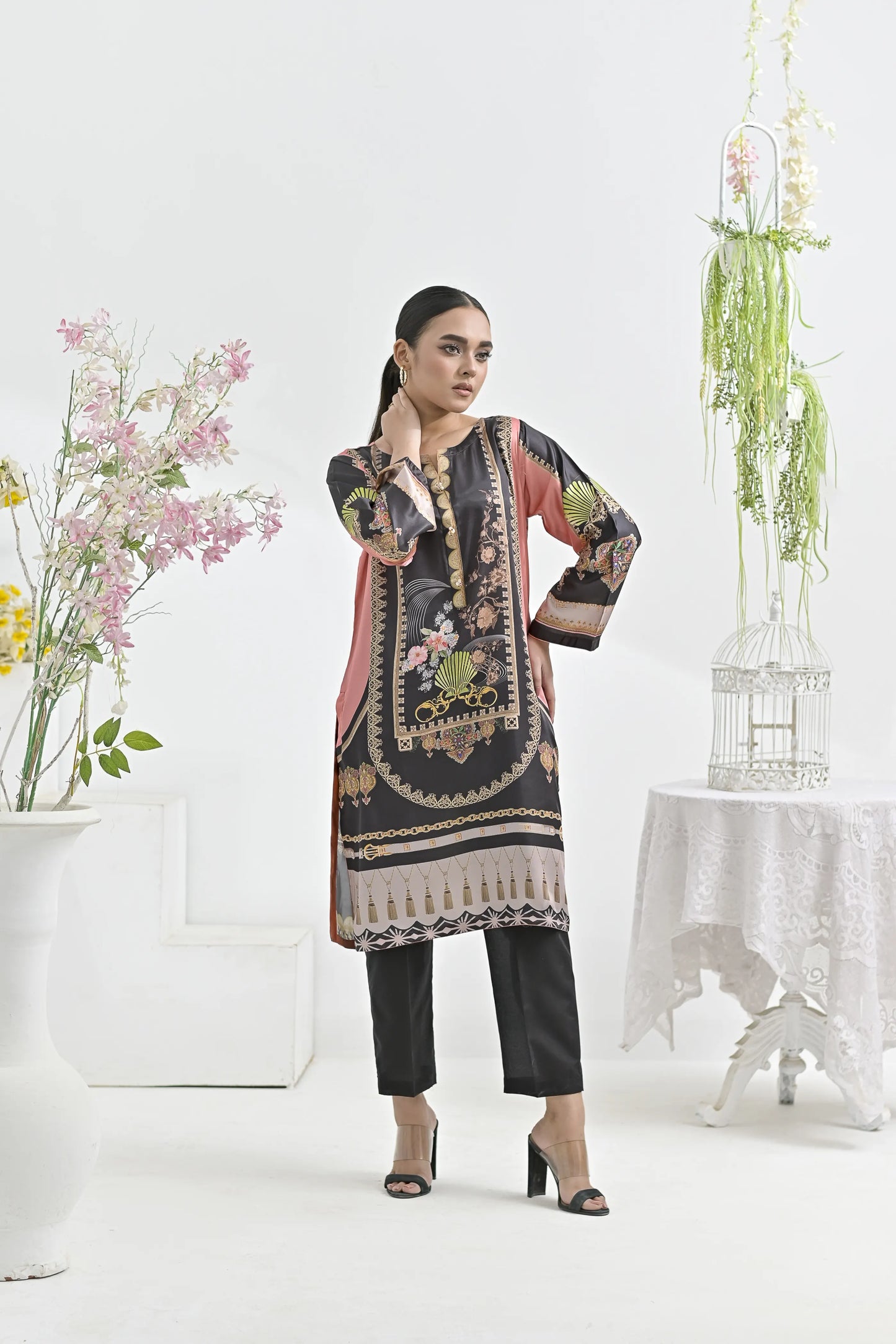 Gilded Charcoal | Ready-to-Wear Digital Printed Charmuse Silk