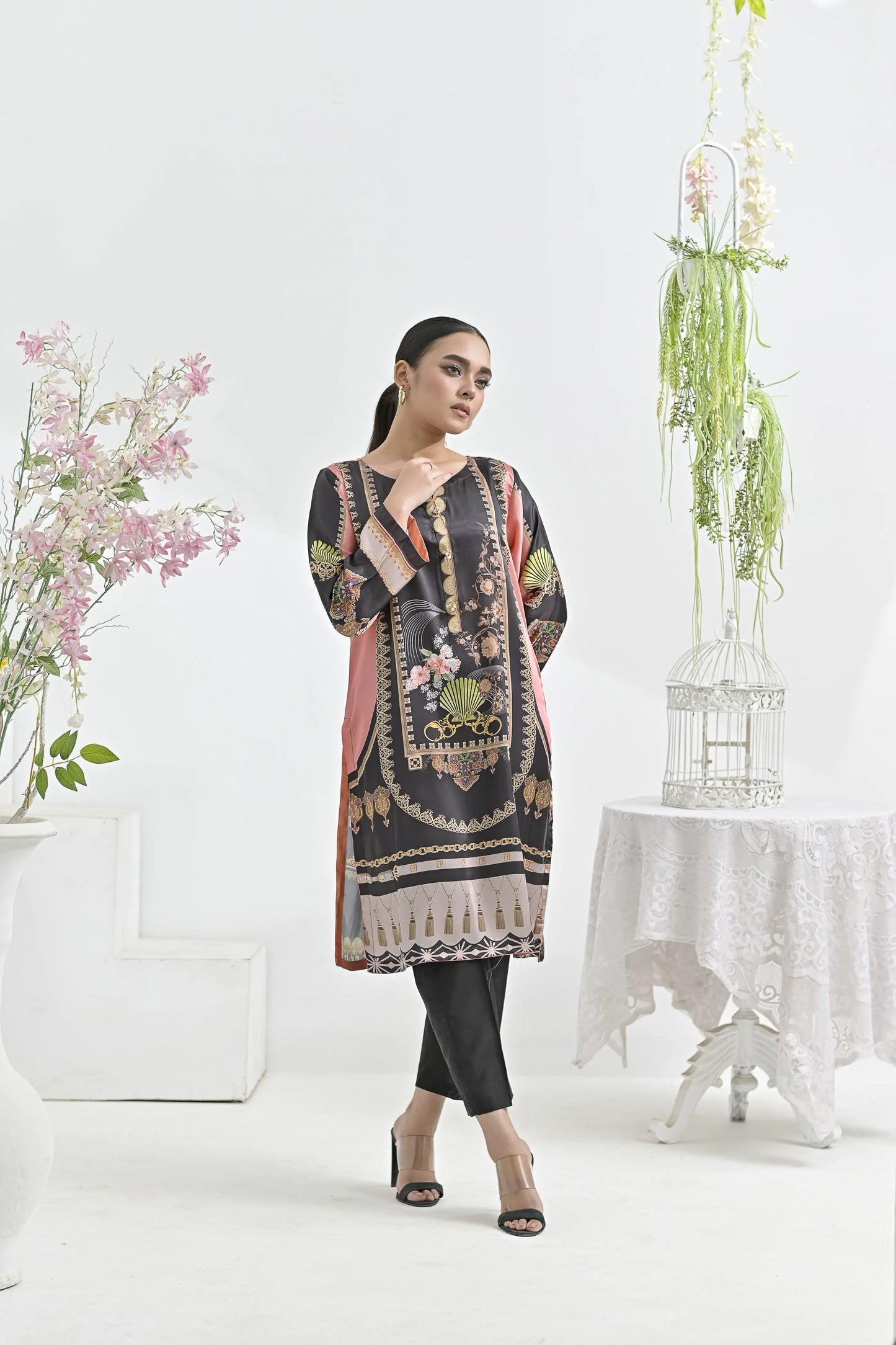 Gilded Charcoal | Ready-to-Wear Digital Printed Charmuse Silk