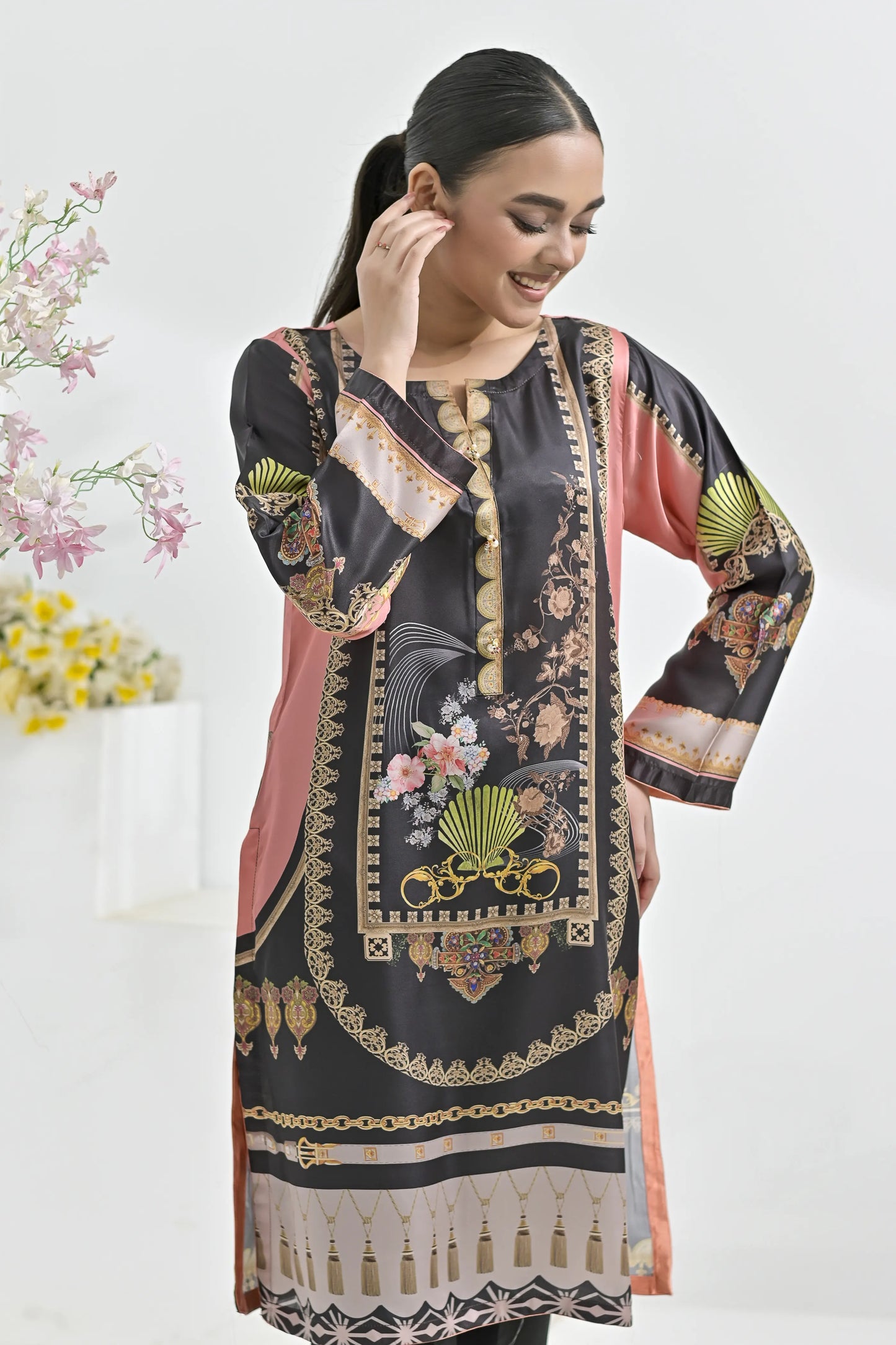 Gilded Charcoal | Ready-to-Wear Digital Printed Charmuse Silk