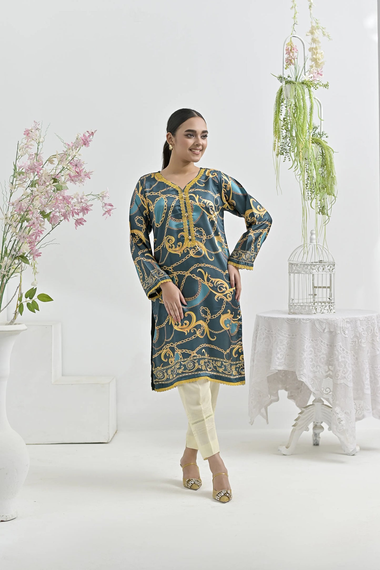 Teal Treasure | Ready-to-Wear Digital Printed Charmuse Silk