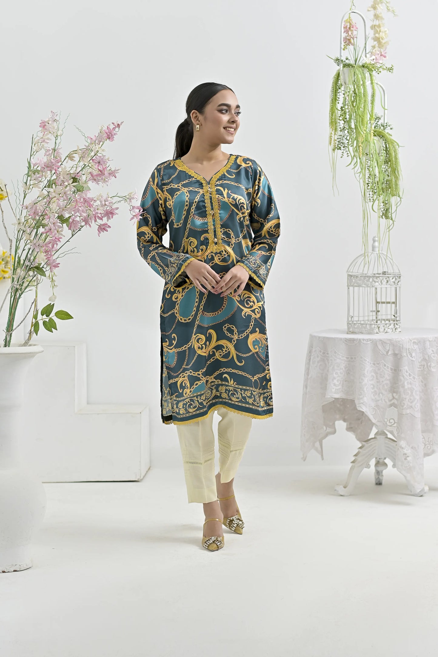 Teal Treasure | Ready-to-Wear Digital Printed Charmuse Silk