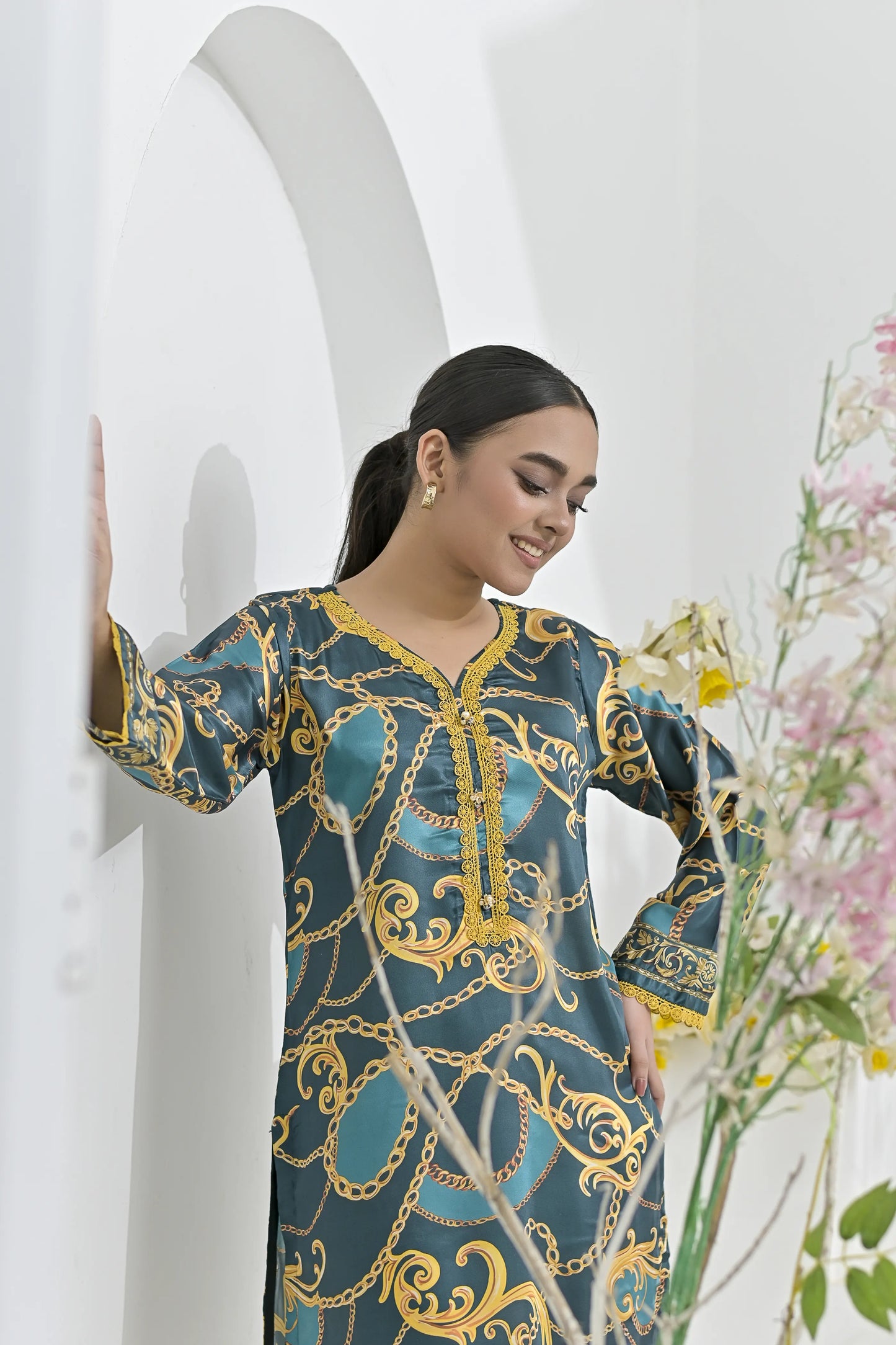 Teal Treasure | Ready-to-Wear Digital Printed Charmuse Silk
