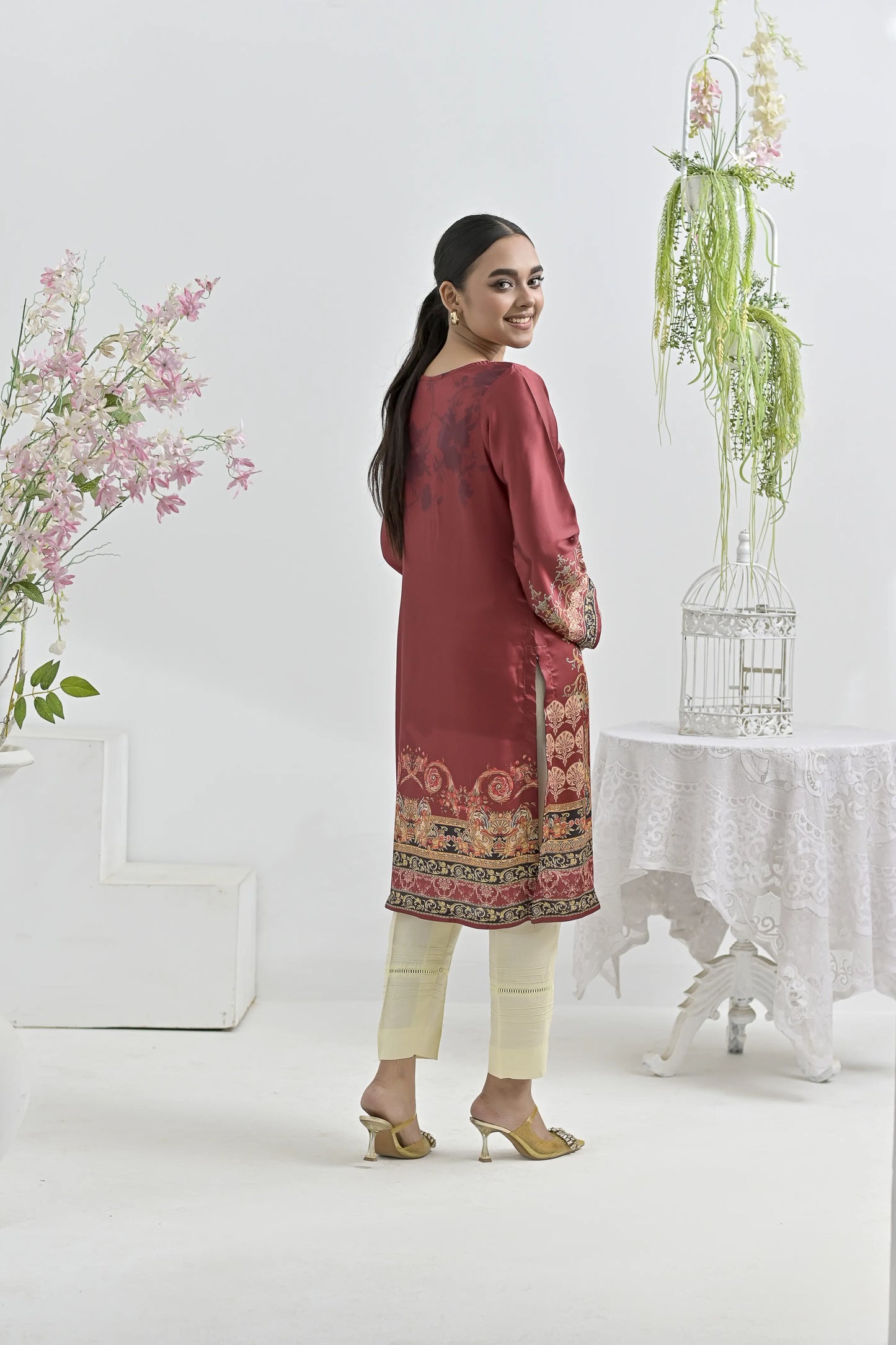 Maroon Majesty | Ready-to-Wear Digital Printed Charmuse Silk