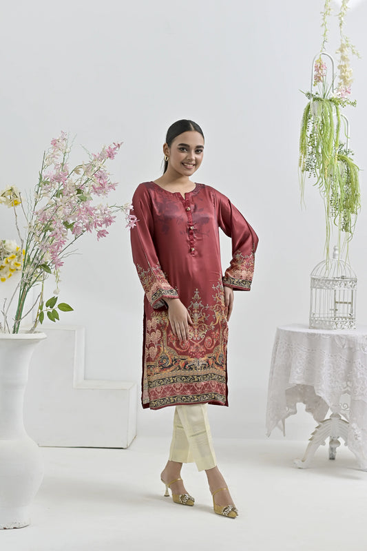Maroon Majesty | Ready-to-Wear Digital Printed Charmuse Silk