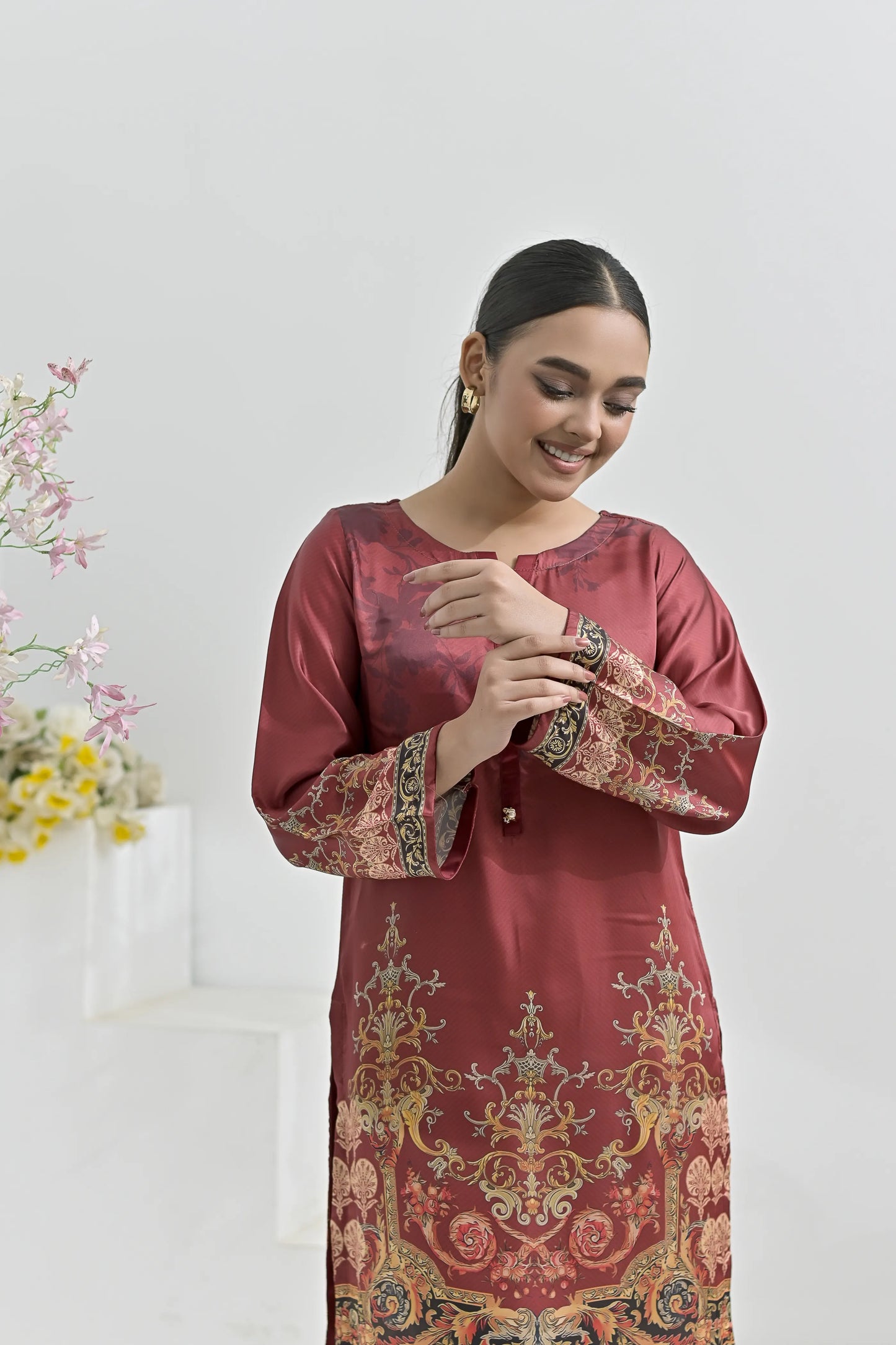 Maroon Majesty | Ready-to-Wear Digital Printed Charmuse Silk