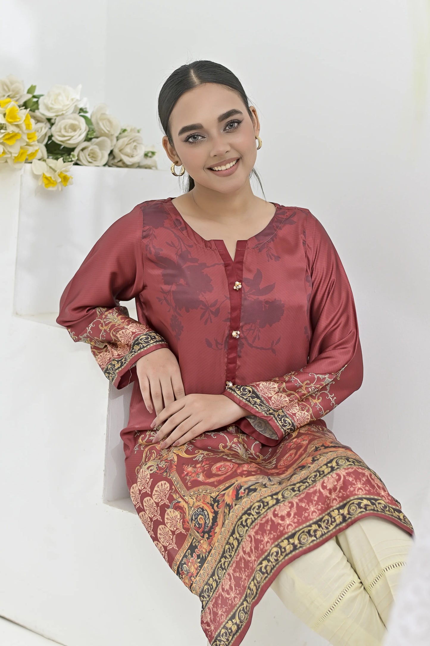 Maroon Majesty | Ready-to-Wear Digital Printed Charmuse Silk