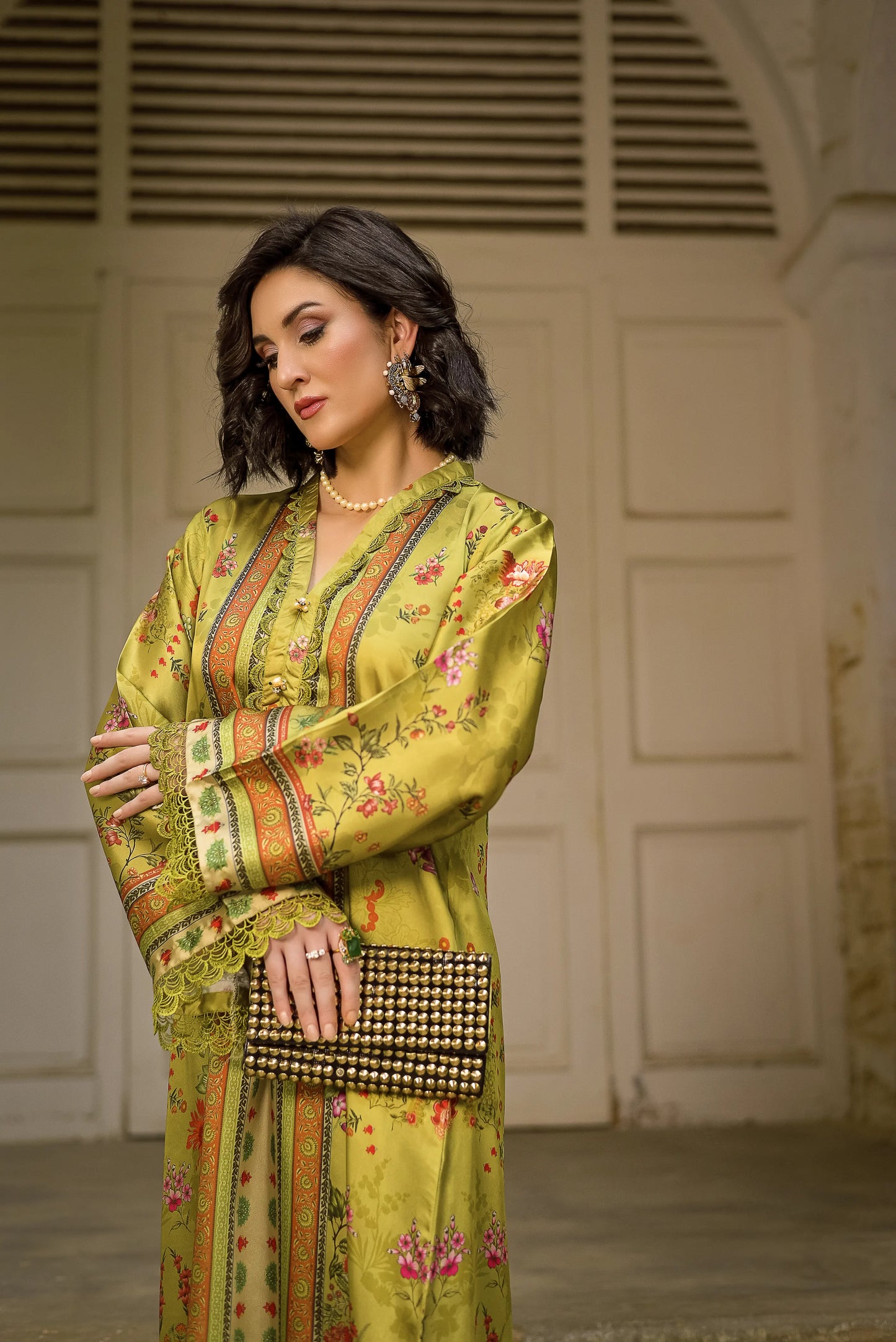 Golden Gleam | Printed Silk Long Shirt