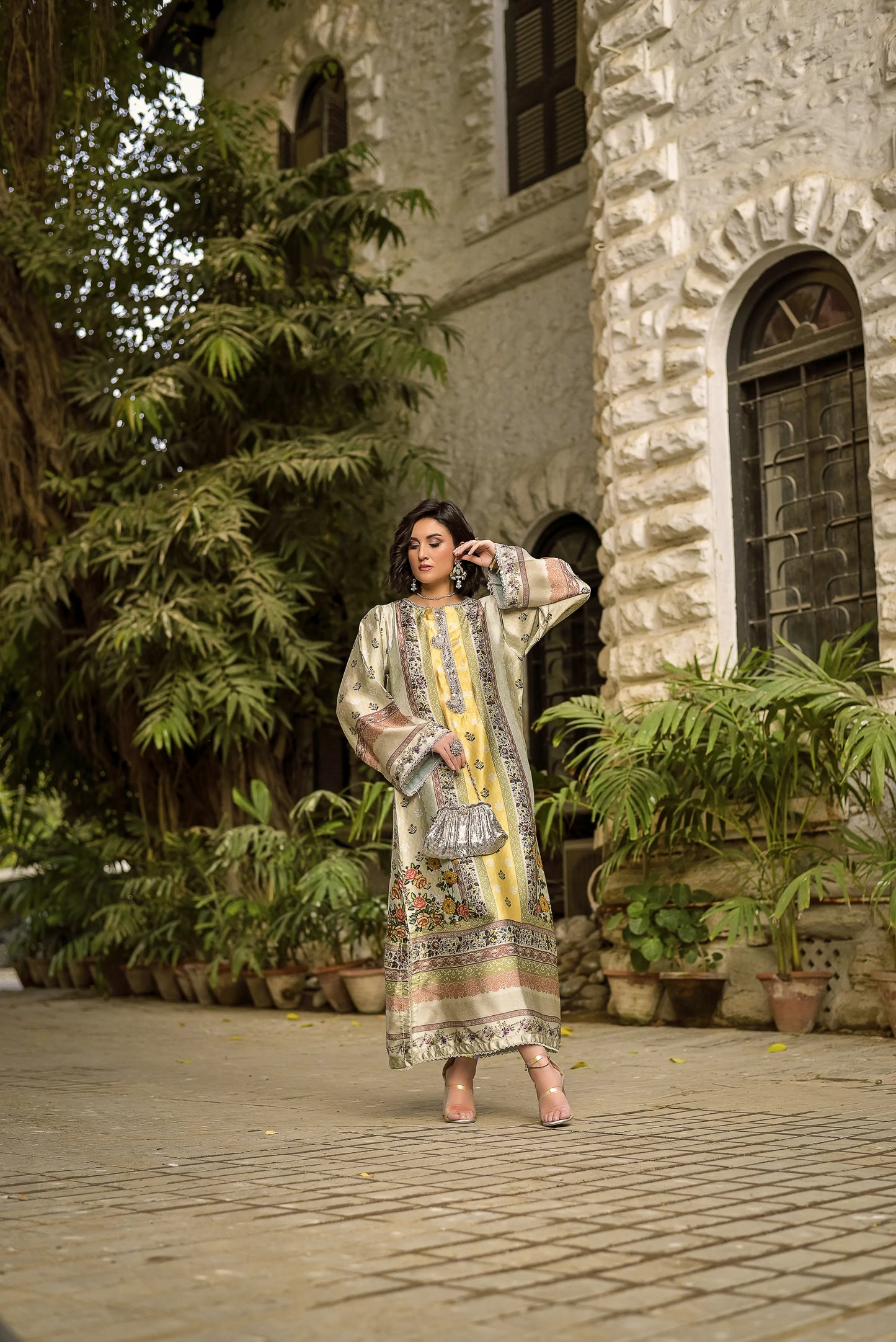 Sandstone Grace | Printed Silk Long Shirt