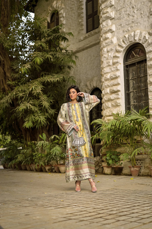 Sandstone Grace | Printed Silk Long Shirt