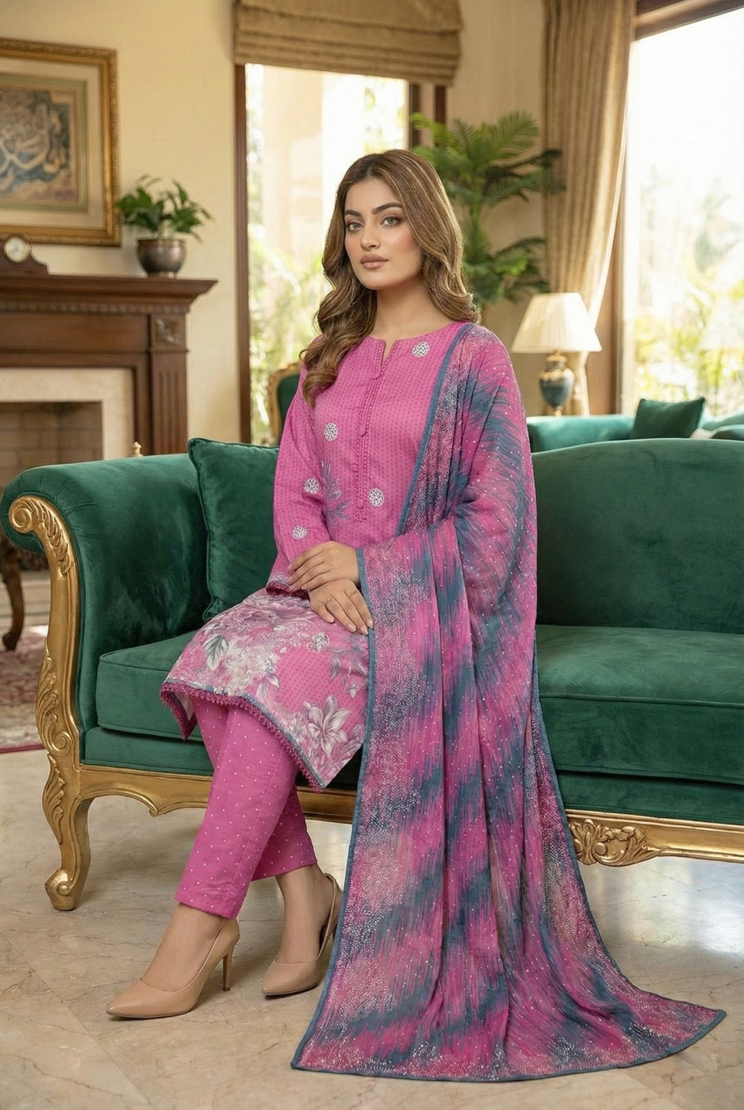 Fuchsia Ikat | 3Pc Luxury Digital Printed Lawn