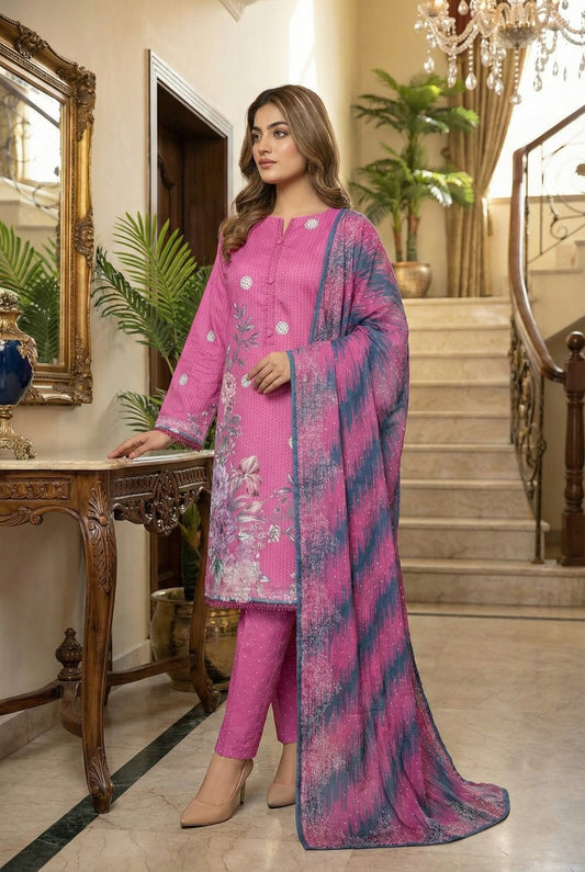 Fuchsia Ikat | 3Pc Luxury Digital Printed Lawn