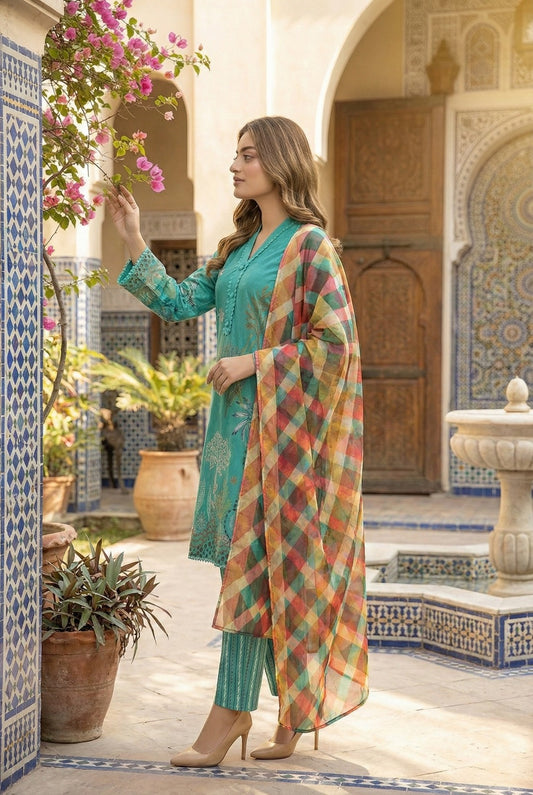 Turquoise Terrace | 3Pc Luxury Digital Printed Lawn